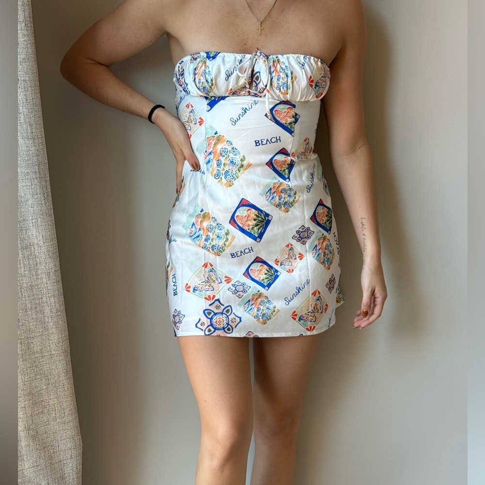 Beginning Boutique White and Blue Patterned Mini Skirt